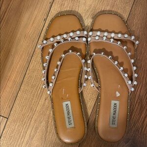 Steve Madden Tan Pearl & Silver-Stud Slide Sandals